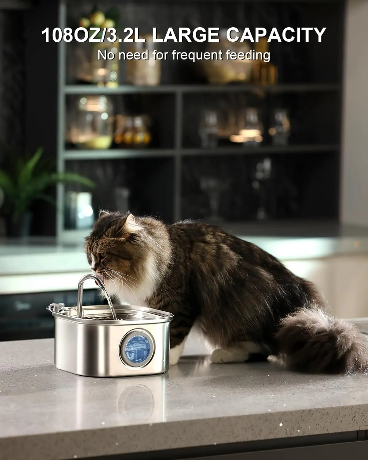 Cat Water Fountain Stainless Steel: 108Oz/3.2L Automatic Pet Water Fountain - Dog Water Dispenser with Water Level Window - for Cats inside with 4 Replacement Filters and 4 Sponges