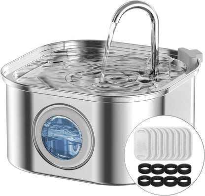 Cat Water Fountain Stainless Steel: 108Oz/3.2L Automatic Pet Water Fountain - Dog Water Dispenser with Water Level Window - for Cats inside with 4 Replacement Filters and 4 Sponges